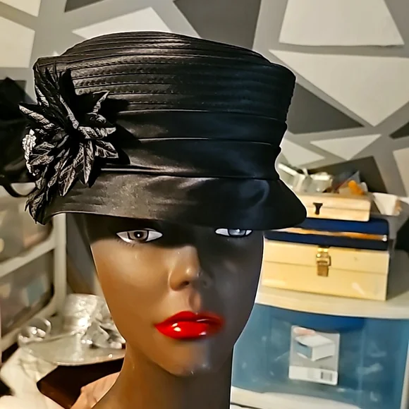 Elegant Vintage Hat, Black Satin w/Large Rhinestone Pin on Attached Flower Desig IMG_4191.JPG?format=2500w main image 4
